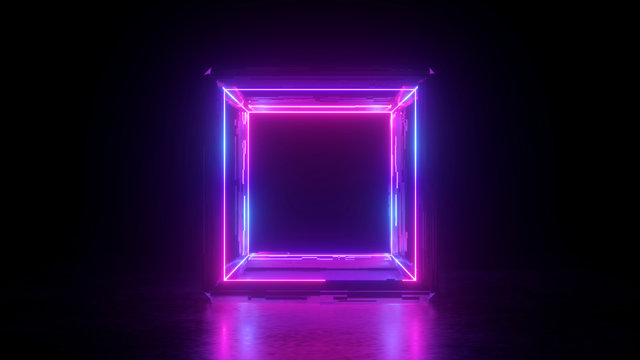 3d render, abstract neon background, square shape box, blank frame, pink glowing lines isolated on black, ultraviolet light