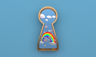 The golden keyhole window overlooks Rainbow on the clouds, The wind and wind on the sky and a pink balloons tied to stars is floating. Isolated on pastel blue background, illustration, 3D rendering.