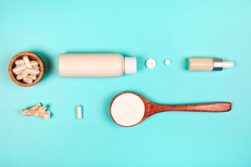 Different types of collagen. Powder, capsules, tablets and fluid.