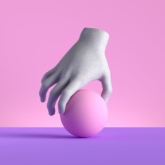 3d render, mannequin hand holding ball, gesture, isolated on pink background, minimal fashion concept, simple clean design. Limb prosthesis