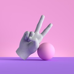 3d render, mannequin hand and ball, victory gesture, isolated on pink background, minimal fashion concept, simple clean design. Limb prosthesis