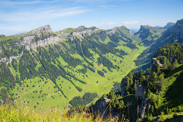 beautiful Justistal valley, view from the top of Niederhorn mountain, switzerland