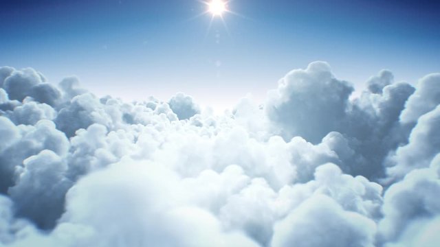 Beautiful Endless Clouds Under the Shining Bright Sun Daylight Seamless. Looped 3d Animation Flying Above the Clouds with the Afternoon Sun. 4k Ultra HD 3840x2160.
