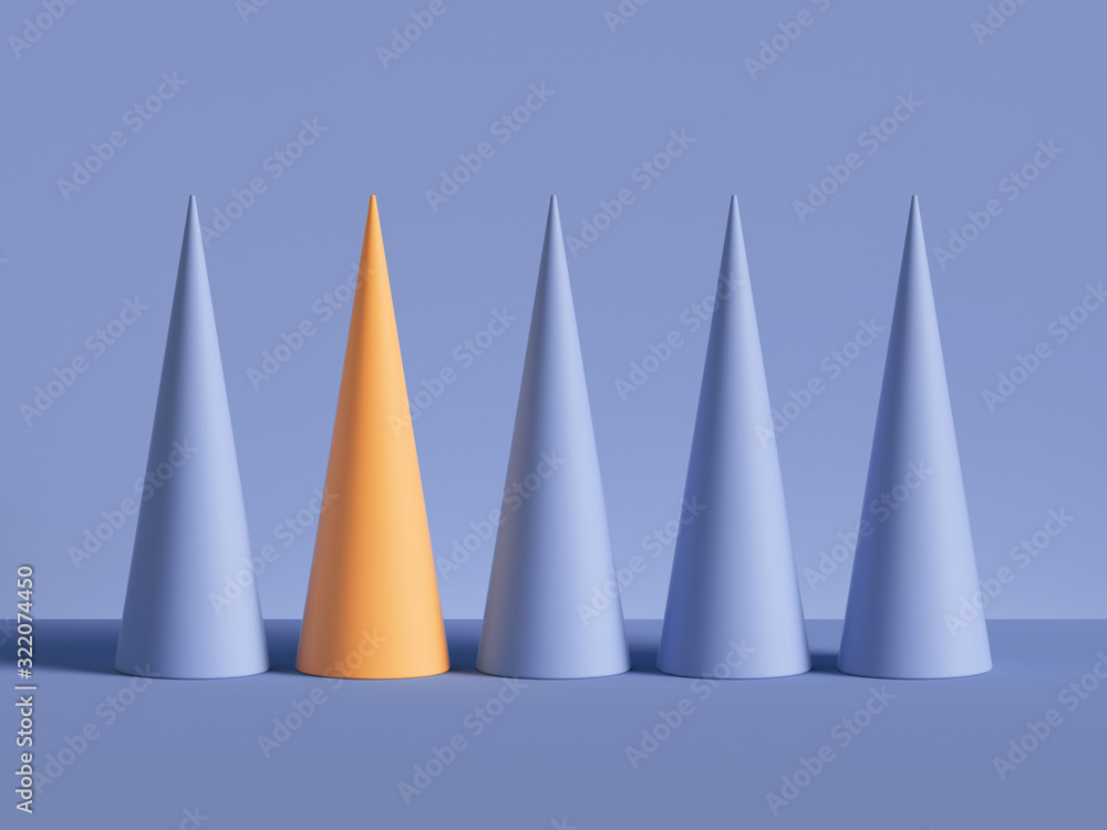 Poster 3d render, row of cones isolated on violet background. abstract primitive geometric shapes. yellow c