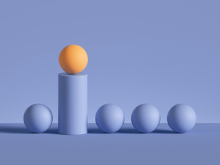 3d render, abstract minimal geometric background. Yellow ball placed on cylinder podium. Raw of balls. Isolated objects, primitive shapes. Successful business concept, one of a kind, career metaphor