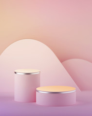 3d render, abstract pastel rose pink easter background, blank cylinder podium, empty showcase, round stage, vacant pedestal, product display, blank board, expo platform. Copy space. Minimal design
