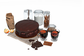 3d render of fresch chocolate cake and coffee