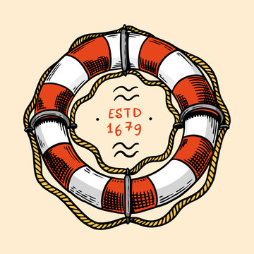 Sea Lifebuoy. Nautical or marine Ring buoy, ocean water wheely or lifering. Hand drawn monochrome retro engraved old sketch. Vector illustration for tattoo or emblems.