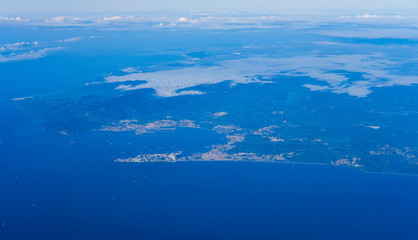 Aerial shot of the Strait of Gibraltar with its bay taken from up high from the flight deck of an...