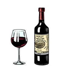 Glass of red wine and glass bottle still life. Alcoholic drink or sparkling champagne. Hand Drawn engraved vintage sketch for bar, restaurant menu.