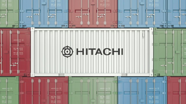 Container with Hitachi corporate logo. Editorial 3D rendering