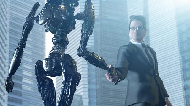 a businessman in a suit and a robot shaking hands. Concept of innovation in business,3d rendering