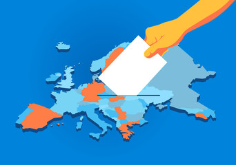 Elezioni Unione Europea, scheda elettorale nella mano, mappa dell'Europa - illustrazione vettoriale © Hurca!