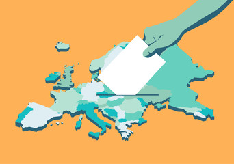 Elezioni Unione Europea, scheda elettorale nella mano, mappa dell'Europa - illustrazione vettoriale © Hurca!