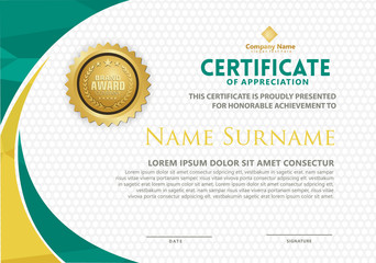 Modern certificate template with polygonal flow lines ornament on pattern background.