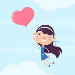 In love. Cute girl flying away with heart shaped balloon.  