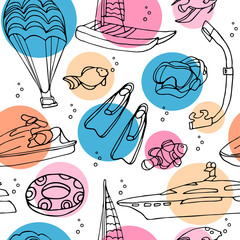 Vector seamless pattern with water sports equipment on white background with color circles. Scooter, flippers, mask, snorkel, water parachute, catamaran, boat. Doodle illustration in black ink.