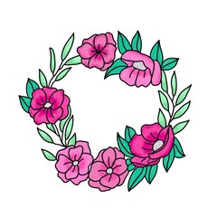 A wreath of pink flowers on a white background