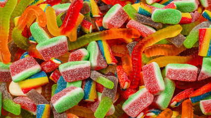 Assorted gummy candies. Top view. Jelly  sweets background.