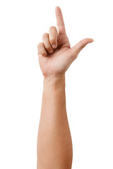 Male Asian hand gestures isolated over the white background. Pointing Visual Touch Action.