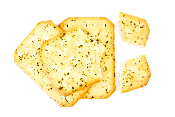 Pile Broken Biscuits Nori Seaweed flavored isolated on white background.