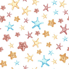 Fototapeta na wymiar Abstract watercolor nursery starfish seamless pattern print design. Watercolour pattern. Tropical abstract color print. Abstract tile background. Beach wallpaper. Underwater wallpaper Seamless texture