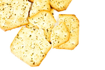 Pile Broken Biscuits Nori Seaweed flavored isolated on white background.