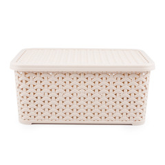 Beige artificial rattan wicker basket with lid front view isolated on white background