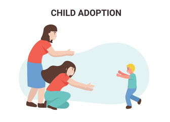 Happy homosexual female family adopted a child. Flat vector cartoon illustration.