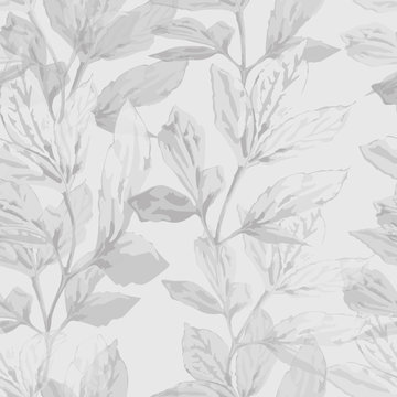 Softness nature monochrome vector seamless pattern. Hand drawn abstract transparent silhouettes of leaves on gray background. Organic template for design, textile, wallpaper, wrapping, ceramics.