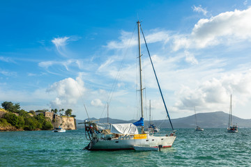 Yachts anchored in Fort De France harbor with fortress in the background, Fort-De-France, Martinique,  French overseas department