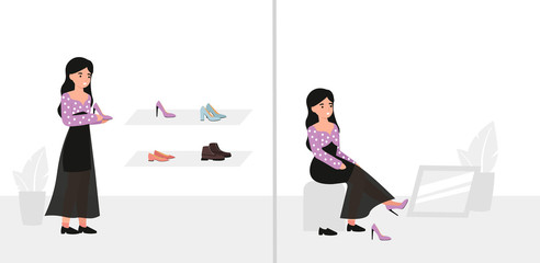 Woman trying on shoes in shoe shop and looks in the mirror. Flat vector modern cartoon illustration. 