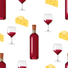 Wine and cheese seamless pattern. Vector illustration of a bottle of red wine, a glass and yellow cheese isolated on a white background. Cartoon flat style.