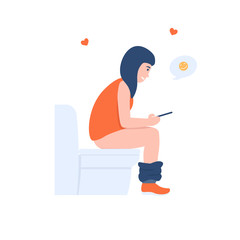 Cheerful girl is sitting on the toilet and is texting on the phone. Flat vector cartoon illustration isolated white background.