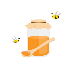 Honey jar, spoon and cute bees. Flat vector cartoon illustration isolated white background.