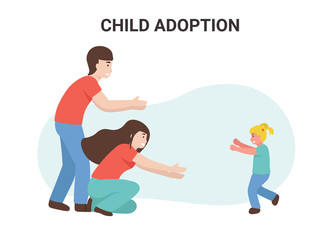 Happy young family wife and husband adopted a child. Flat vector cartoon illustration.