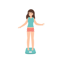 Unhappy slim girl standing on the scales. Сoncept of weight loss and diet, anorexia. Flat vector cartoon illustration isolated white background.