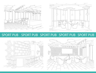 Outline sketch set of a modern sport pub with big chairs and tv on wall