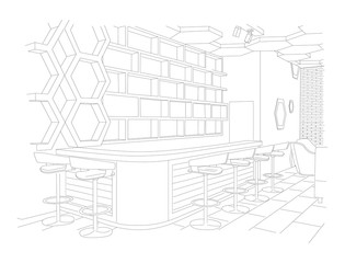 Outline sketch of a modern cafe with sofa and tables. Bar side