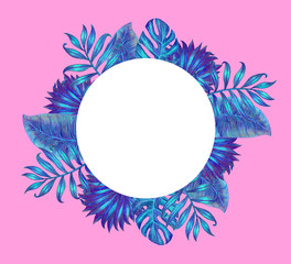 Fototapeta na wymiar Summer blue tropical background banner with palm leaves. Pink background.