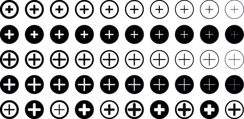 Plus icon set. Add button pack. Pharmacy icons kit.
