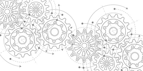 Technical drawing of gears .Rotating mechanism of round parts .Machine technology. Vector illustration.	