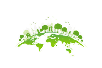 Ecology concept with green city on earth, World environment and sustainable development concept, vector illustration
