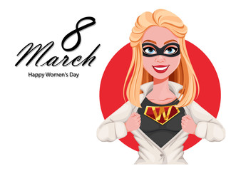 Happy Women's Day greeting card. Woman superhero