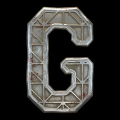 Industrial metal alphabet letter G on black background 3d