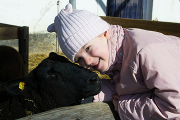 A child hugs an animal sheep on a farm