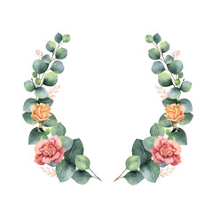 Watercolor vector hand painted wreath with green eucalyptus leaves and flowers. 