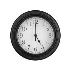 wall round clock black and white with number and clockwise on 5 o'clock straight or five pm am for time out or finish working and after school on white background isolated included clipping path
