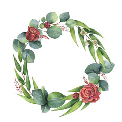 Watercolor vector hand painted wreath with green eucalyptus leaves and flowers. 