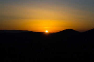 Panorama from a height. Sunset in the city of Graz, Austria.